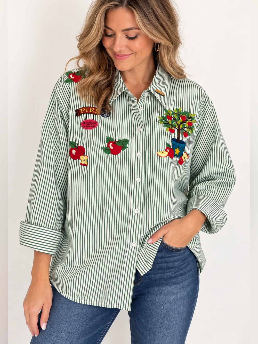 The Quacker Factory Green Stripes Embroidered Apples Button Up Shirt 2 X euc
